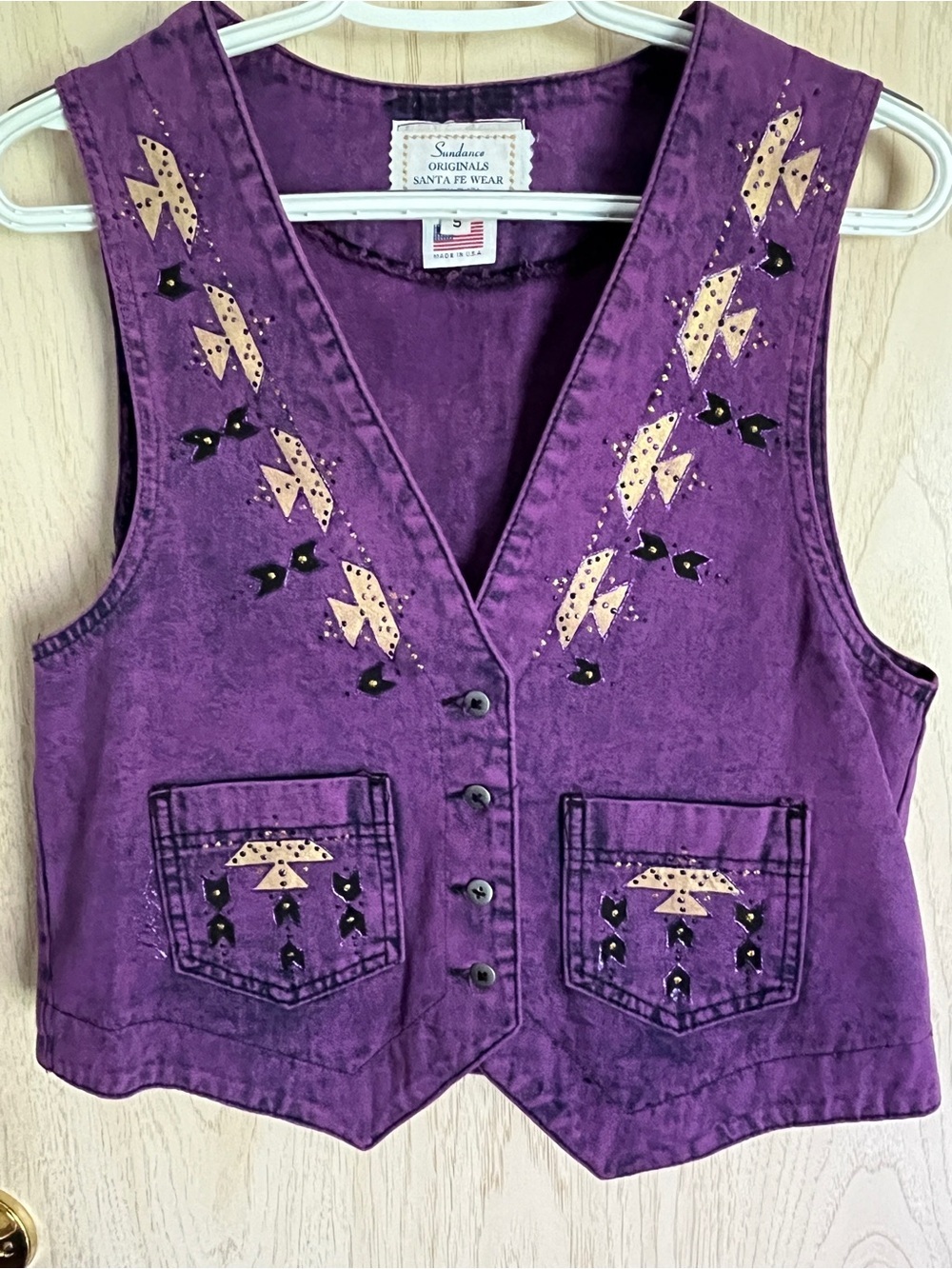 Vintage SUNDANCE ORIGINALS Acid Wash purple Denim Vest Western Patterns Sz S